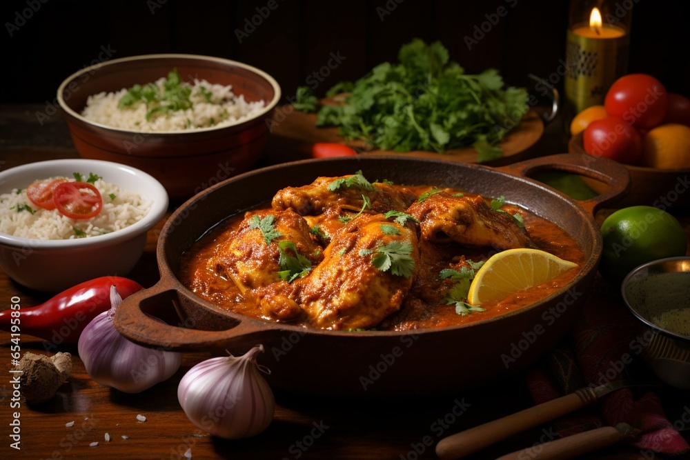 Spiced chicken curry with tandoori chicken. Generative AI