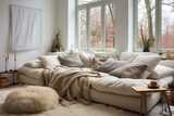 A cozy living space featuring a couch draped in a clean white blanket. Generative AI