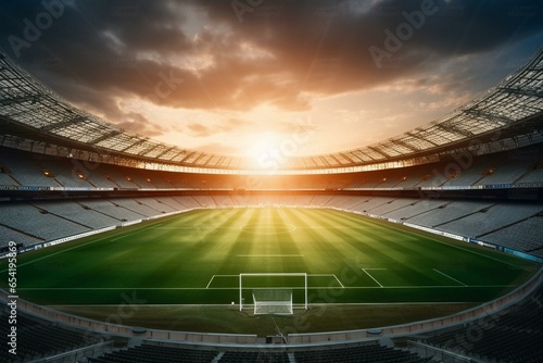 Empty soccer stadium during sunset with illuminated lights. Generative AI
