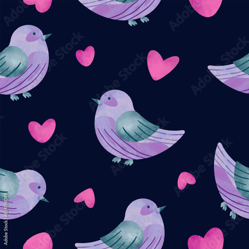 seamless pattern of cute bird and love ornament illustration on dark background color © yetitaher