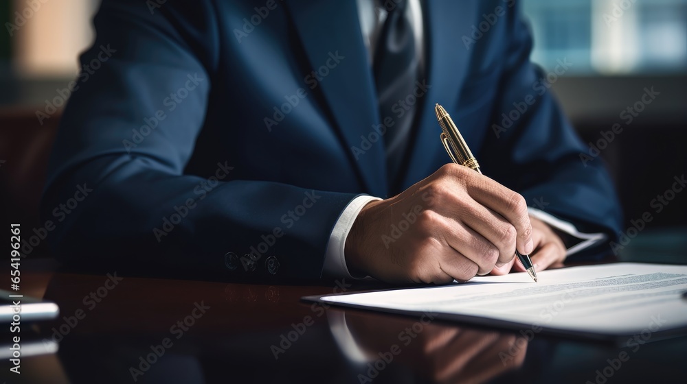 A formal moment in business: A hand gracefully signing an important document with a classic fountain pen A formal moment in business: A hand gracefully signing an important document with a classic fountain pen