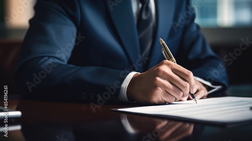 A formal moment in business: A hand gracefully signing an important document with a classic fountain pen