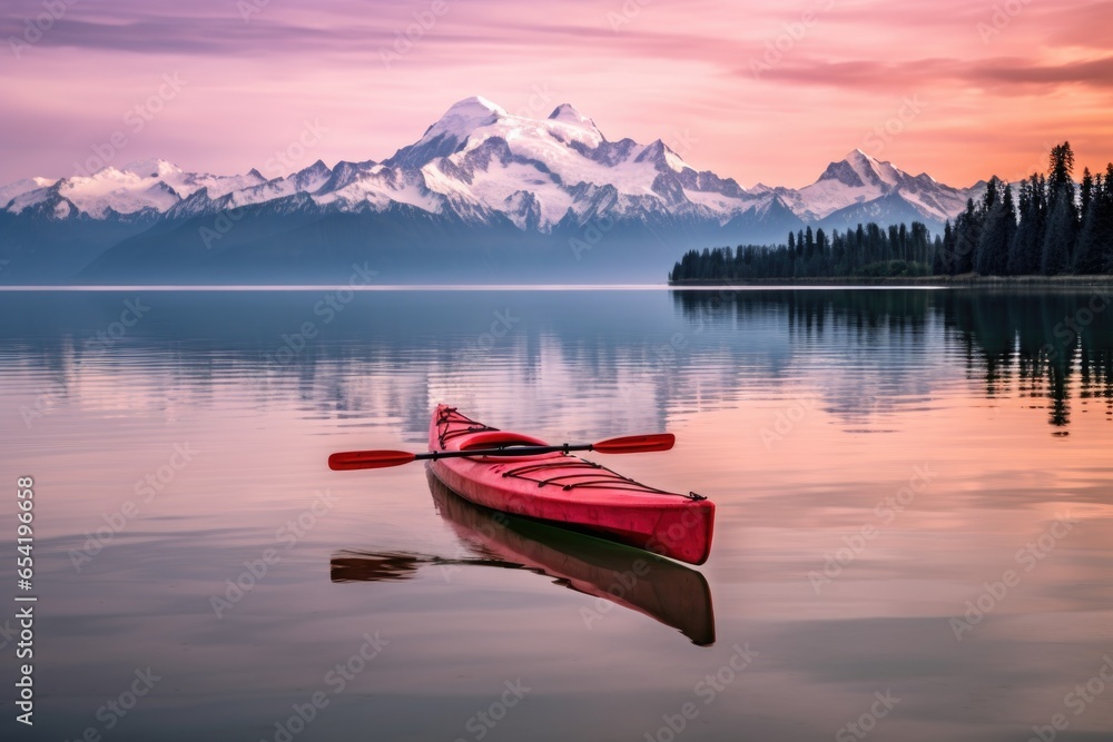 kayak on a placid lake with mountains in the background kayak on a placid lake with mountains in the background