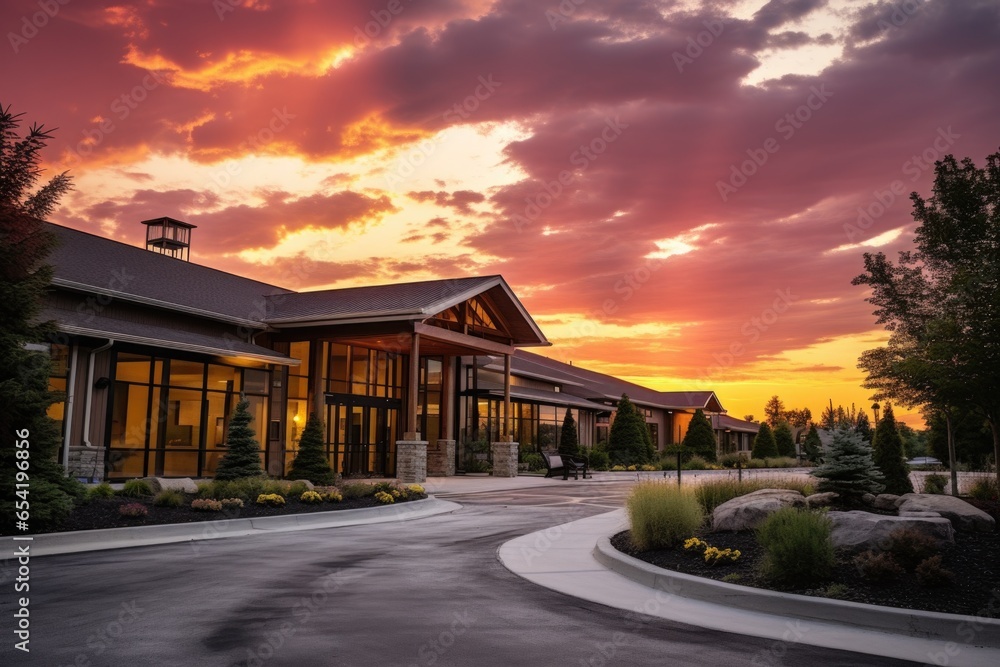 a hospice facility under a sunset sky