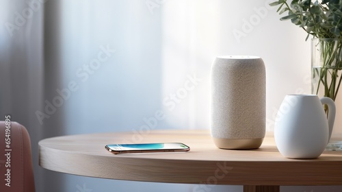 Elevate your workspace aesthetics - showcase a smart speaker and notepad on a wooden table, where innovation meets organization