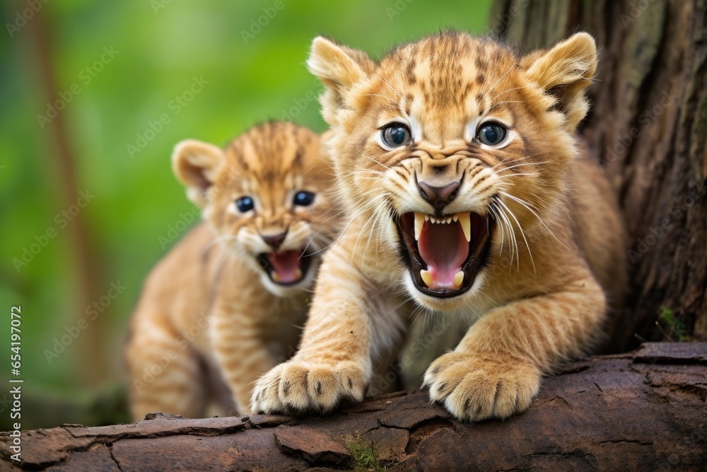 a baby cub imitates its lioness mothers roar a baby cub imitates its lioness mothers roar