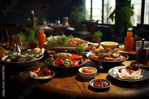 Delicious food on wooden table in restaurant