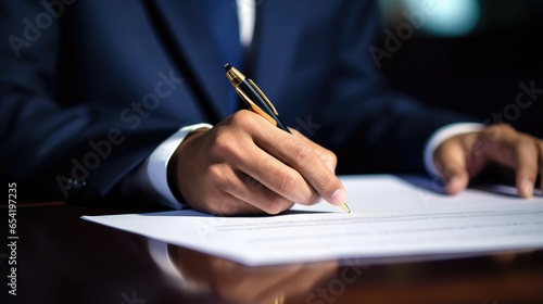 A formal moment in business: A hand gracefully signing an important document with a classic fountain pen