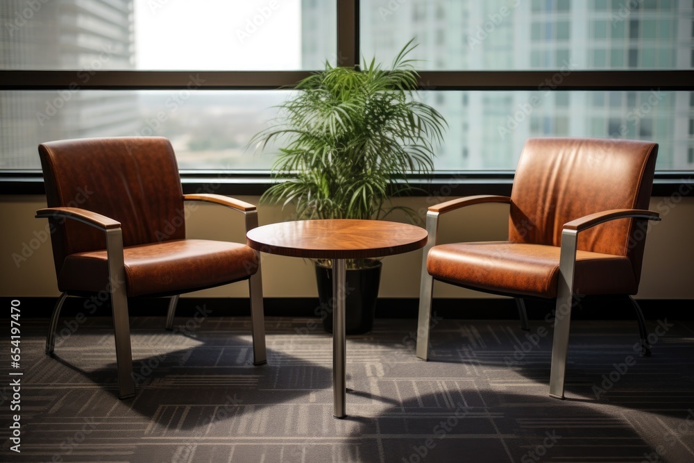 two chairs and a table in a corporate meeting room