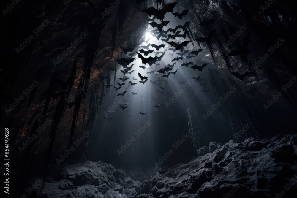 colony of bats hanging together in a cave - obrazy, fototapety, plakaty 