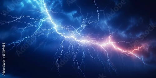 Blue Lightning with Dark Cloudy Sky. Thunderstorm Background