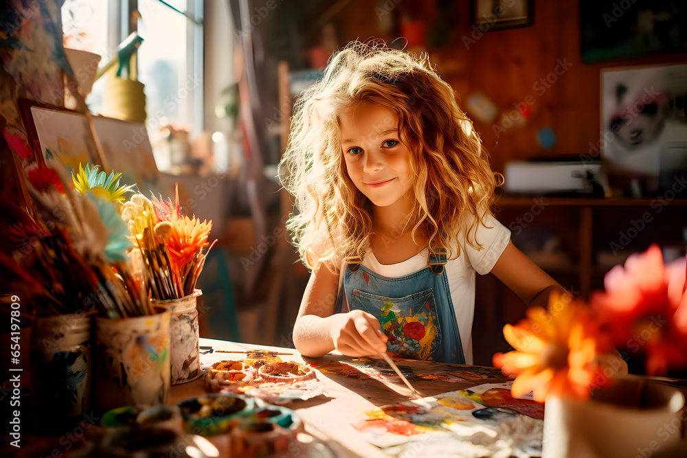 Retrato de preciosa niña pintando con pinceles y acuarelas en casa. Actividades artísticas.Proyecto de arte infantil - obrazy, fototapety, plakaty 