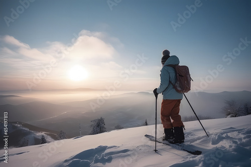 woman skiing in warm clothes standing on a snowy mountain slope on a sunny winter day
