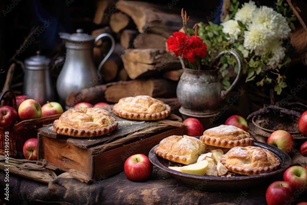 apple pies showcased as part of a rustic, autumn picnic arrangement
