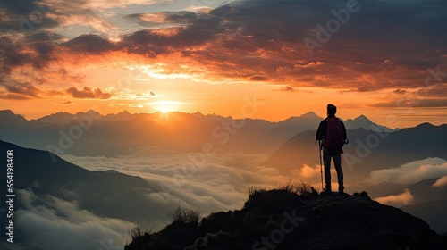 Silhouette of a man on the mountain top Sunset among the clouds