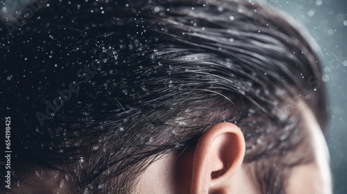 An up-close look at a man's hair and dandruff problem, illustrating the importance of dermatological care. photo