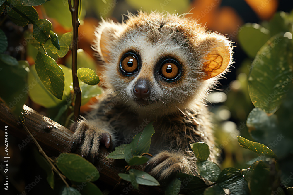 The ethereal saucer-eyed slow loris, found in the dense forests of Southeast Asia. Concept of wildlife conservation. Generative Ai. The ethereal saucer-eyed slow loris, found in the dense forests of Southeast Asia. Concept of wildlife conservation. Generative Ai.