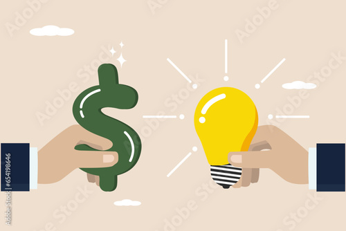 Funding startup idea, fundraising to start a business, investors giving venture capital for financial support, budget concept, businessman hand giving dollar bills for light bulb business idea.