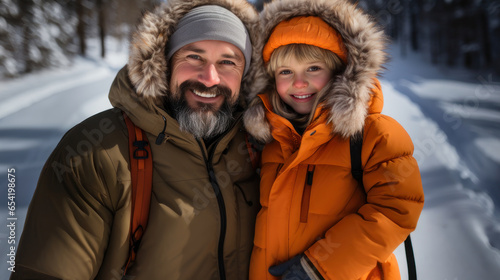 Portrait of happy father and son in warm jackets looking at camera in winter forest.