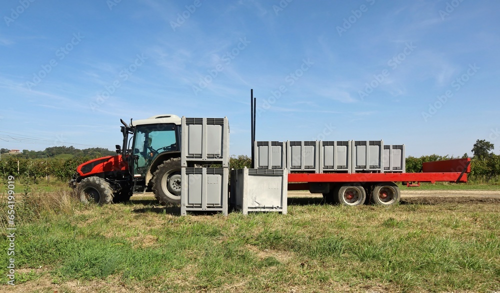 Large plastic bulk bins used for storage and transporting grapes in front and on the tractor trailer during the grape harvesting Large plastic bulk bins used for storage and transporting grapes in front and on the tractor trailer during the grape harvesting