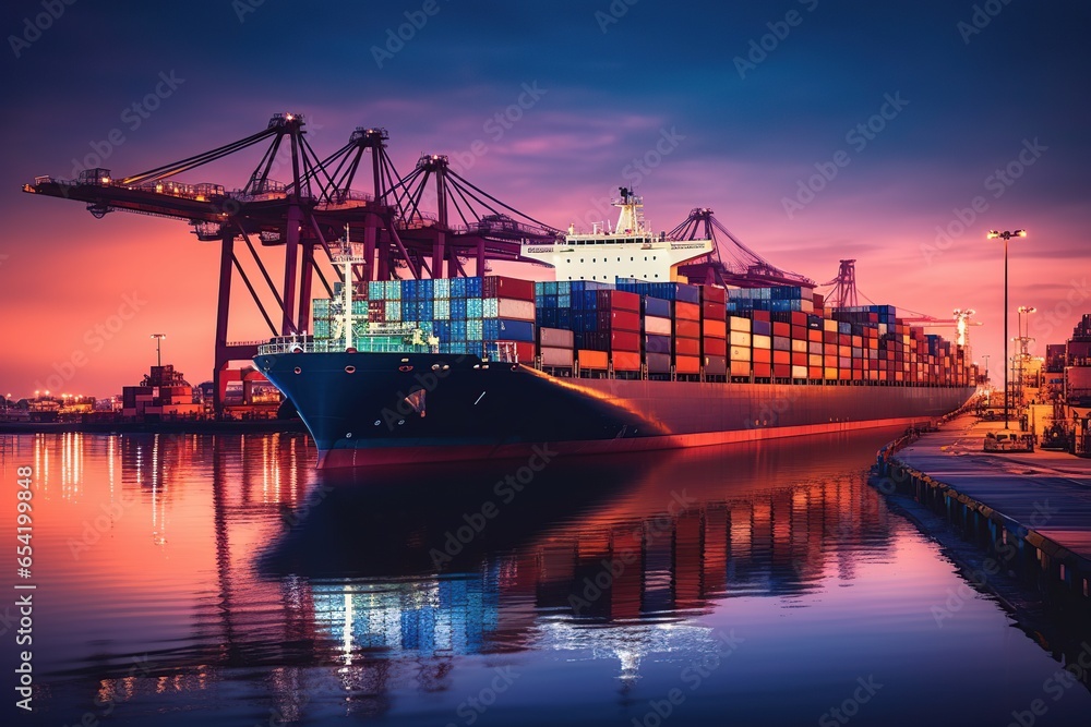 Logistics and transportation of cargo ship with crane bridge working in shipyard at sunrise, cargo ships on the ocean at twilight sky, freight transport, shipping - obrazy, fototapety, plakaty 