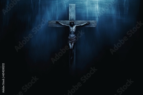 Fényképezés wood jesus cross, dark black blue horror night background, scary haunted thrille
