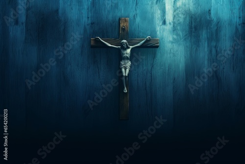 Fotografija wood jesus cross, dark black blue horror night background, scary haunted thrille