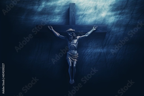 wood jesus cross, dark black blue horror night background, scary haunted thriller theme, good friday, Generative AI