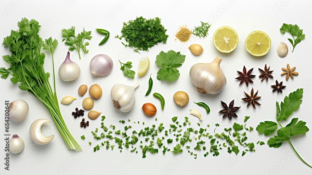 A top-down view of fresh garlic bulbs and an assortment of aromatic culinary herbs like rosemary, thyme, and basil, neatly arranged on a clean white background. A top-down view of fresh garlic bulbs and an assortment of aromatic culinary herbs like rosemary, thyme, and basil, neatly arranged on a clean white background.