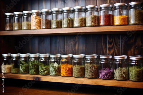 herbal teas in glass jars on a wooden shelf