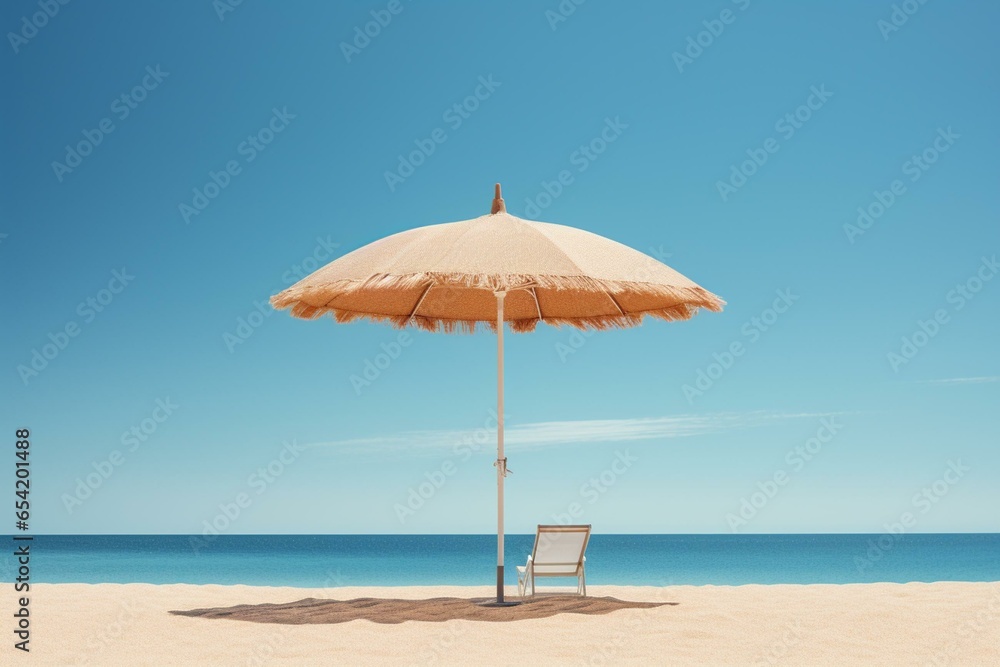 A beach umbrella by the ocean under a clear sky. Generative AI