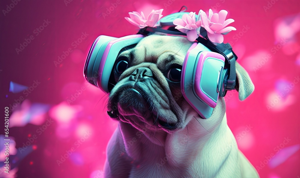 Fairy Kei style pug dog wearing a VR headset and experiencing virtual reality simulation, metaverse and cyberspace, Generative AI