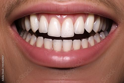 Stacked or overlapping white teeth. Also called crowded teeth, Generative AI photo