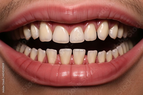 Stacked or overlapping white teeth. Also called crowded teeth, Generative AI