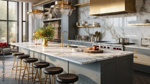 a luxurious kitchen with a massive marble-topped island as the centerpiece, adorned with a gleaming gold faucet. photo