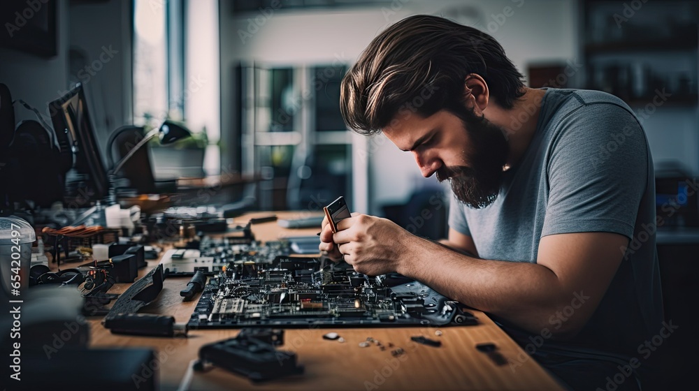 Young male technician repairing mobile phone - obrazy, fototapety, plakaty 