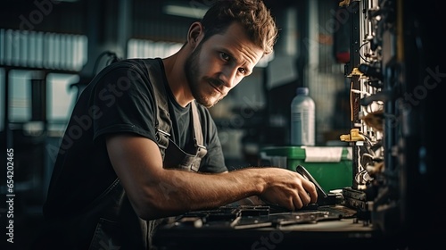 Young male technician repairing mobile phone photo