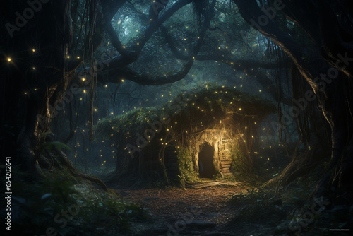 Deep within a mystical forest  luminescent fireflies form a living constellation  illuminating the path to an ancient  overgrown tree with a door to enchanted realms.