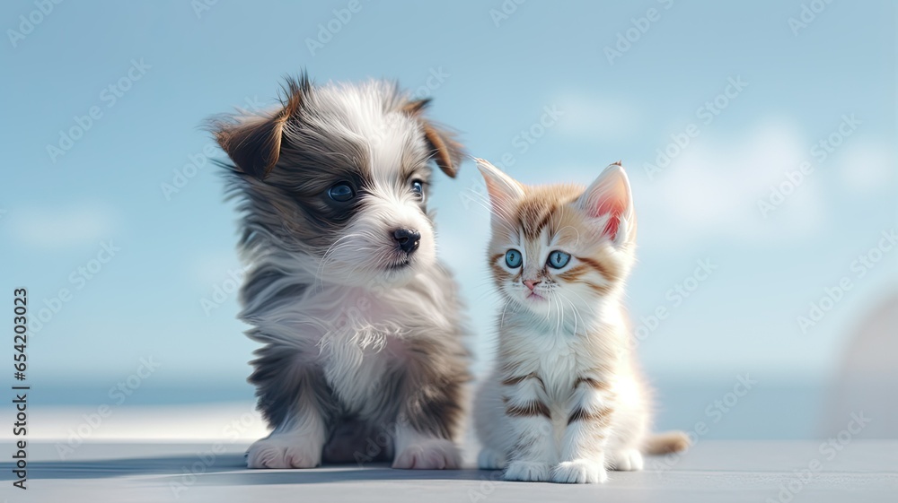 a curious puppy tenderly embracing a tiny kitten. Both pets gaze upwards in unison, their eyes filled with wonder and innocence, set against a clean white background. a curious puppy tenderly embracing a tiny kitten. Both pets gaze upwards in unison, their eyes filled with wonder and innocence, set against a clean white background.
