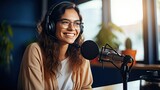 Young ethnic woman recording radio podcast - Millennial female content creator working from home studio - Creative people and freelancer lifestyle concept