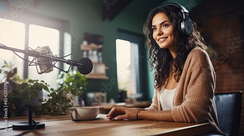 Young ethnic woman recording radio podcast - Millennial female content creator working from home studio - Creative people and freelancer lifestyle concept