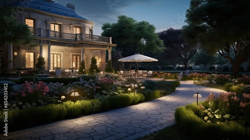 The marble tile deck glows with gentle lighting, leading the way to elegant flower beds and a well-kept lawn. The presence of a lamp and subtle outdoor lighting creates an idyllic atmosphere © lililia