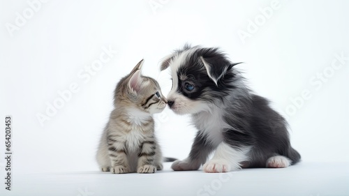 a curious puppy tenderly embracing a tiny kitten. Both pets gaze upwards in unison, their eyes filled with wonder and innocence, set against a clean white background.