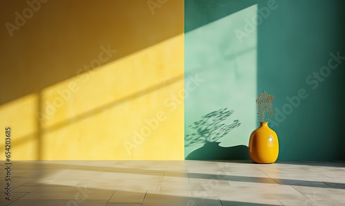  AI parete verde gialla e blu, vaso, natura morta 03 photo