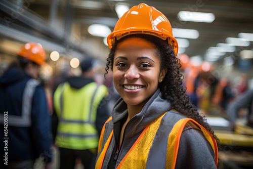 Confident woman standing in logistics center. A good - looking warehouse worker smile and looking to camera at warehouse