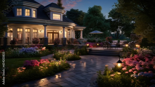 The marble tile deck glows with gentle lighting, leading the way to elegant flower beds and a well-kept lawn. The presence of a lamp and subtle outdoor lighting creates an idyllic atmosphere