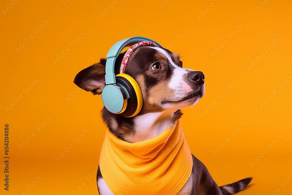 Pet dog with headphone and fashionable dressing. AI generated image, Generative AI