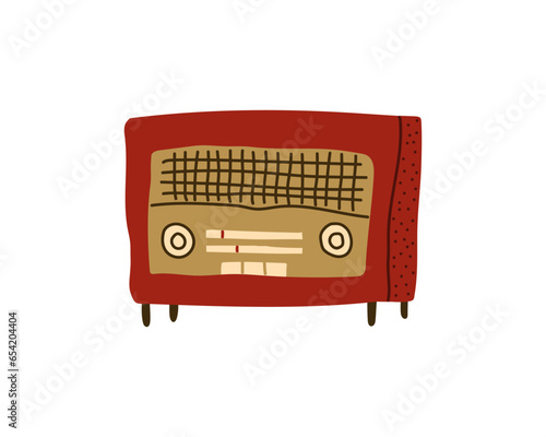 Vintage radio receiver in red. Retro technique. Hand-drawn doodle illustration.