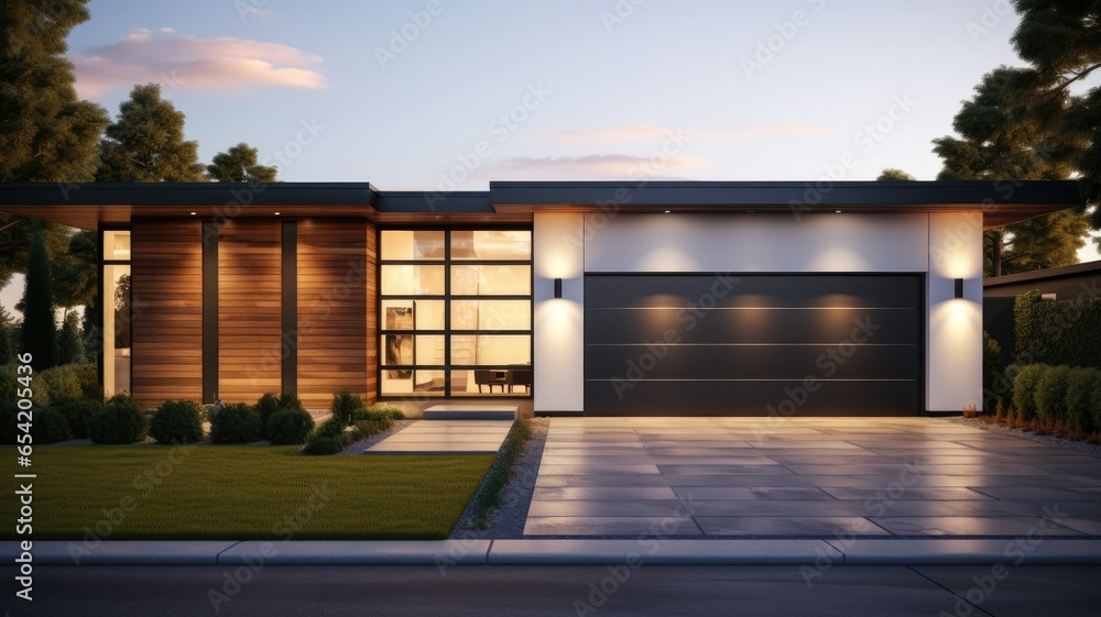 Fototapeta premium a new home with a low-pitch roof, siding, and a beautifully designed garage door. The house exudes a sense of modern style and curb appeal.