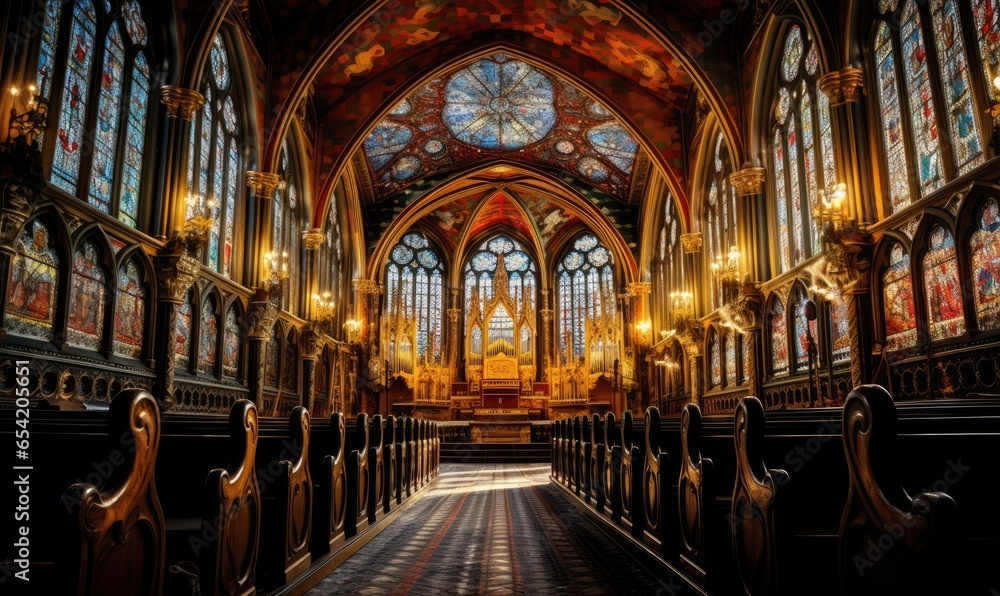 Photo of a beautiful church with colorful stained glass windows and rows of pews